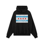 Black hoodie featuring the Chicago No Kings Flag Shirt design with a distressed city flag graphic and “NO KINGS NO MASTERS�