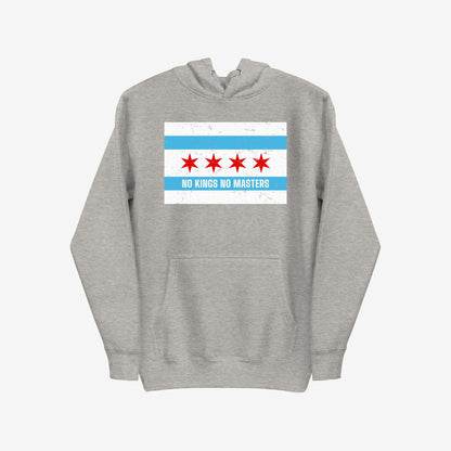 Chicago No Kings Flag Hoodie & Sweatshirt featuring a Chicago-flag-style graphic with anti-authoritarian message NO KINGS NO MASTERS, embodying a spirit of justice and community on a light-heather-gray pullover.