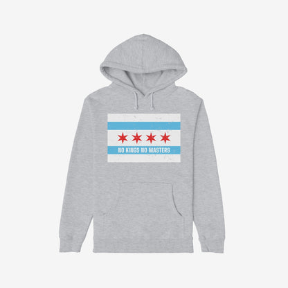 Light-gray pullover hoodie, Chicago No Kings Flag Shirt, featuring Chicago-flag graphic with slogan NO KINGS NO MASTERS, promoting rebellion and equality. Includes kangaroo pocket and drawstring hood.