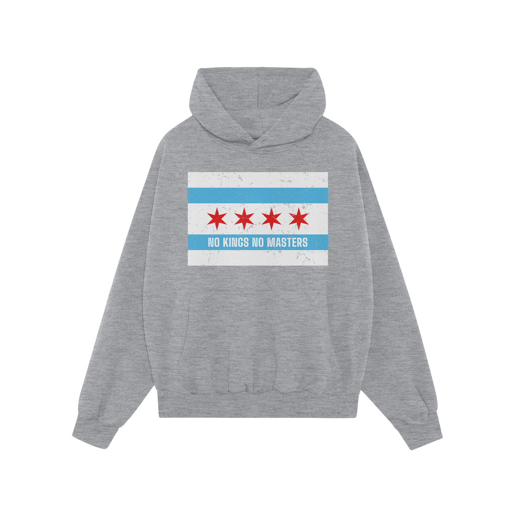 Light-gray pullover hoodie, Chicago No Kings Flag Shirt, featuring Chicago-flag graphic with slogan NO KINGS NO MASTERS, prom
