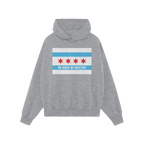 Light-gray pullover hoodie, Chicago No Kings Flag Shirt, featuring Chicago-flag graphic with slogan NO KINGS NO MASTERS, prom