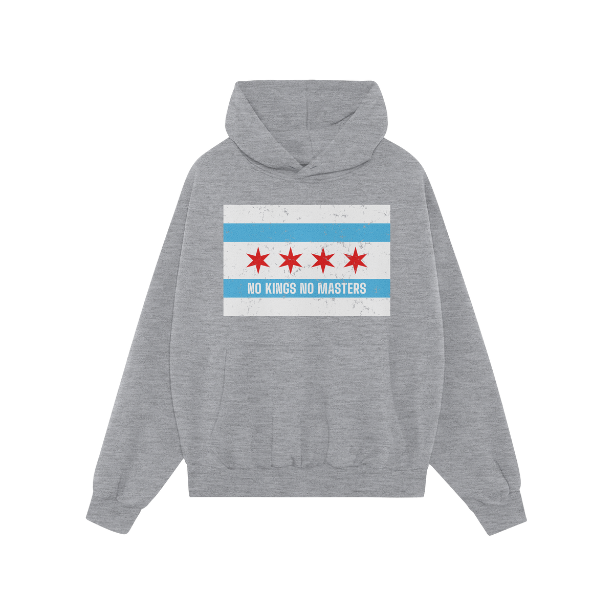 Light-gray pullover hoodie, Chicago No Kings Flag Shirt, featuring Chicago-flag graphic with slogan NO KINGS NO MASTERS, prom
