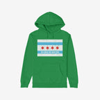 Green hoodie featuring the Chicago No Kings Flag Shirt design: a distressed Chicago flag motif with NO KINGS NO MASTERS text, symbolizing defiance and collective power.