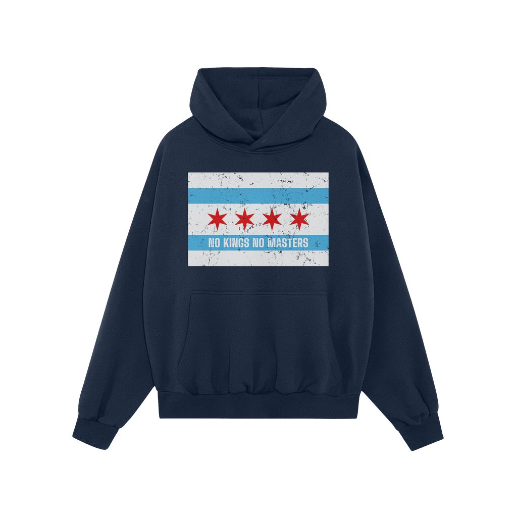 Green hoodie featuring the Chicago No Kings Flag Shirt design: a distressed Chicago flag motif with NO KINGS NO MASTERS text,