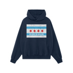 Green hoodie featuring the Chicago No Kings Flag Shirt design: a distressed Chicago flag motif with NO KINGS NO MASTERS text,