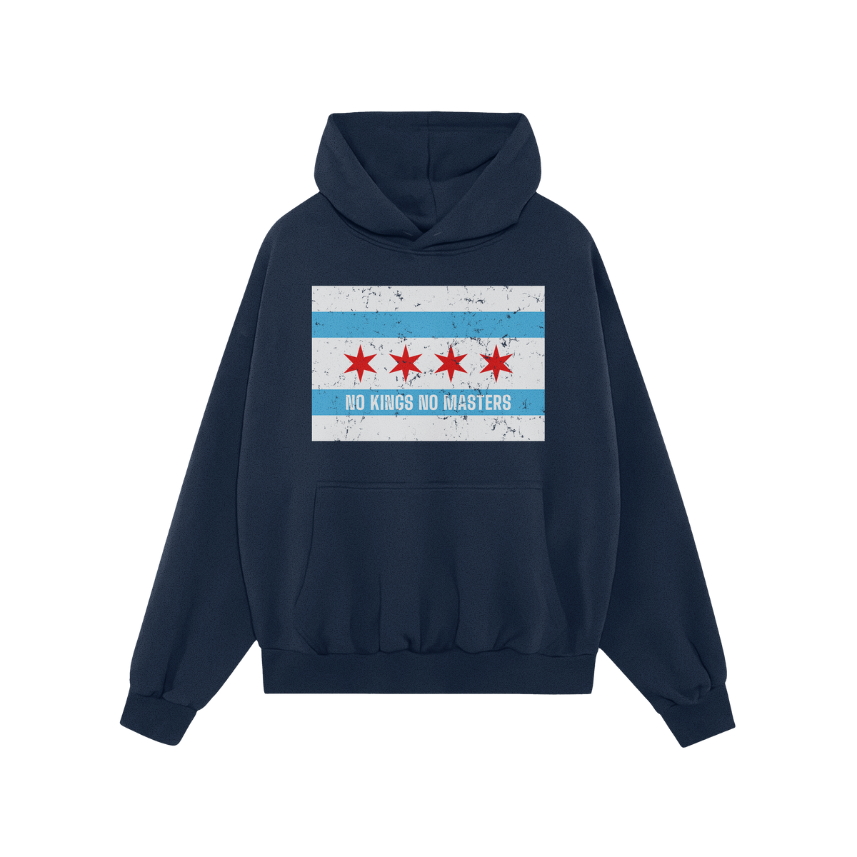 Green hoodie featuring the Chicago No Kings Flag Shirt design: a distressed Chicago flag motif with NO KINGS NO MASTERS text,