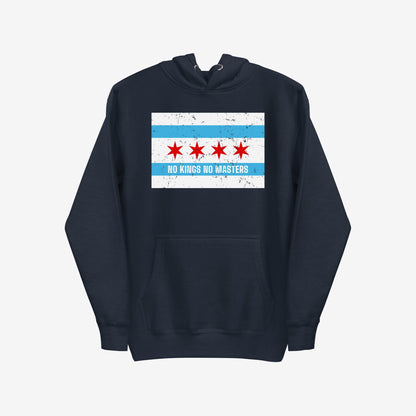 Chicago No Kings Flag Hoodie & Sweatshirt featuring a distressed Chicago-flag design with NO KINGS NO MASTERS slogan, symbolizing anti-authoritarian beliefs and community empowerment.