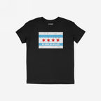 Chicago No Kings Flag Shirt featuring the city flag's distressed graphic with NO KINGS NO MASTERS slogan, embodying rebellion and equality. Perfect for those embracing freedom and social justice.