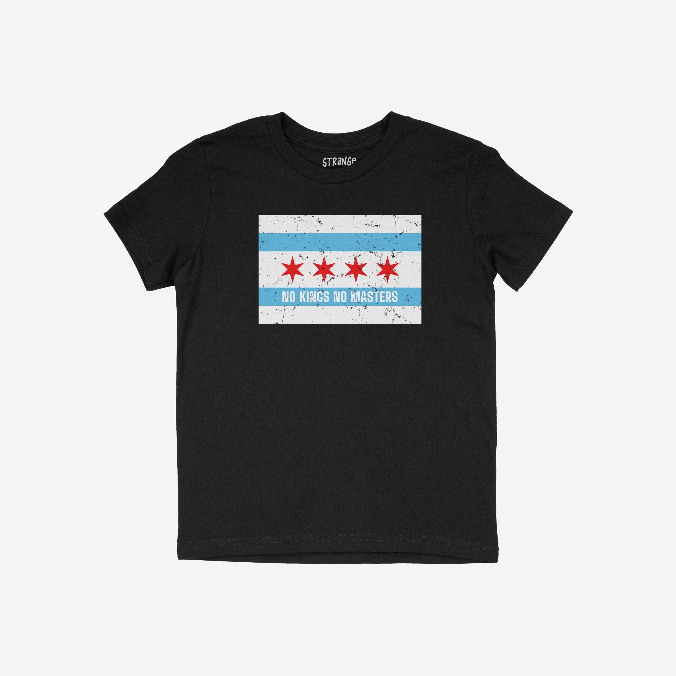 Chicago No Kings Flag Shirt featuring the city flag's distressed graphic with NO KINGS NO MASTERS slogan, embodying rebellion and equality. Perfect for those embracing freedom and social justice.