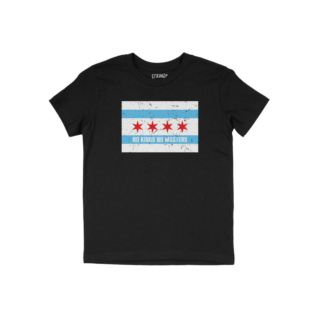 Chicago No Kings Flag Shirt featuring the city flag's distressed graphic with NO KINGS NO MASTERS slogan, embodying rebellion