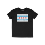 Chicago No Kings Flag Shirt featuring the city flag's distressed graphic with NO KINGS NO MASTERS slogan, embodying rebellion