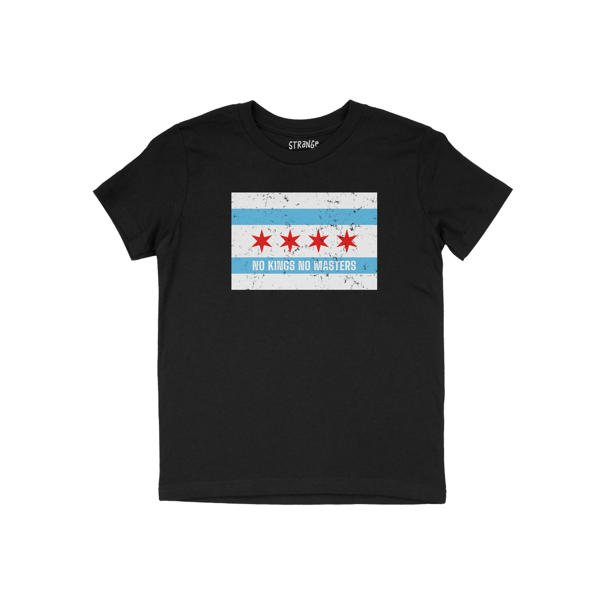 Chicago No Kings Flag Shirt featuring the city flag's distressed graphic with NO KINGS NO MASTERS slogan, embodying rebellion