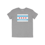 Heather-gray Chicago No Kings Flag Shirt featuring a stylized Chicago-flag motif with NO KINGS NO MASTERS slogan, embodying d