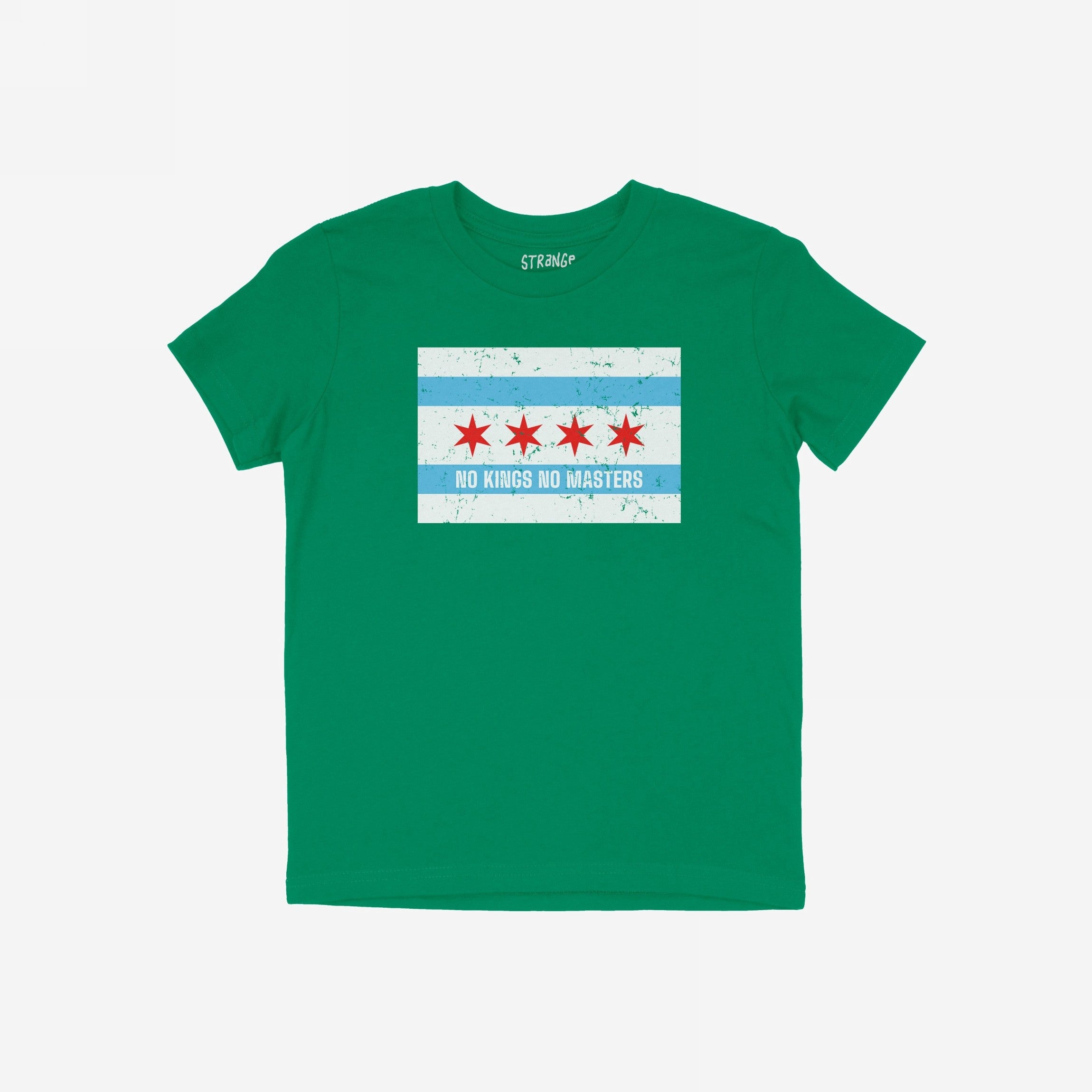 Chicago No Kings Flag Shirt features a graphic styled like the Chicago city flag with “NO KINGS NO MASTERS” across the lower stripe, symbolizing defiance and collective power on a green short-sleeve T-shirt.