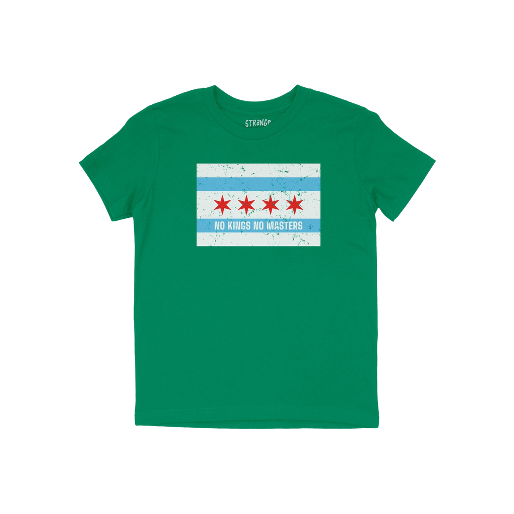 Chicago No Kings Flag Shirt features a graphic styled like the Chicago city flag with “NO KINGS NO MASTERS” across the lo