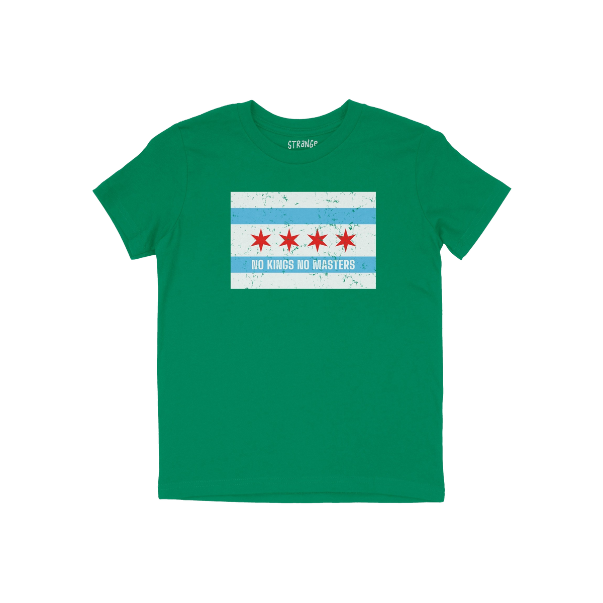 Chicago No Kings Flag Shirt features a graphic styled like the Chicago city flag with “NO KINGS NO MASTERS” across the lo
