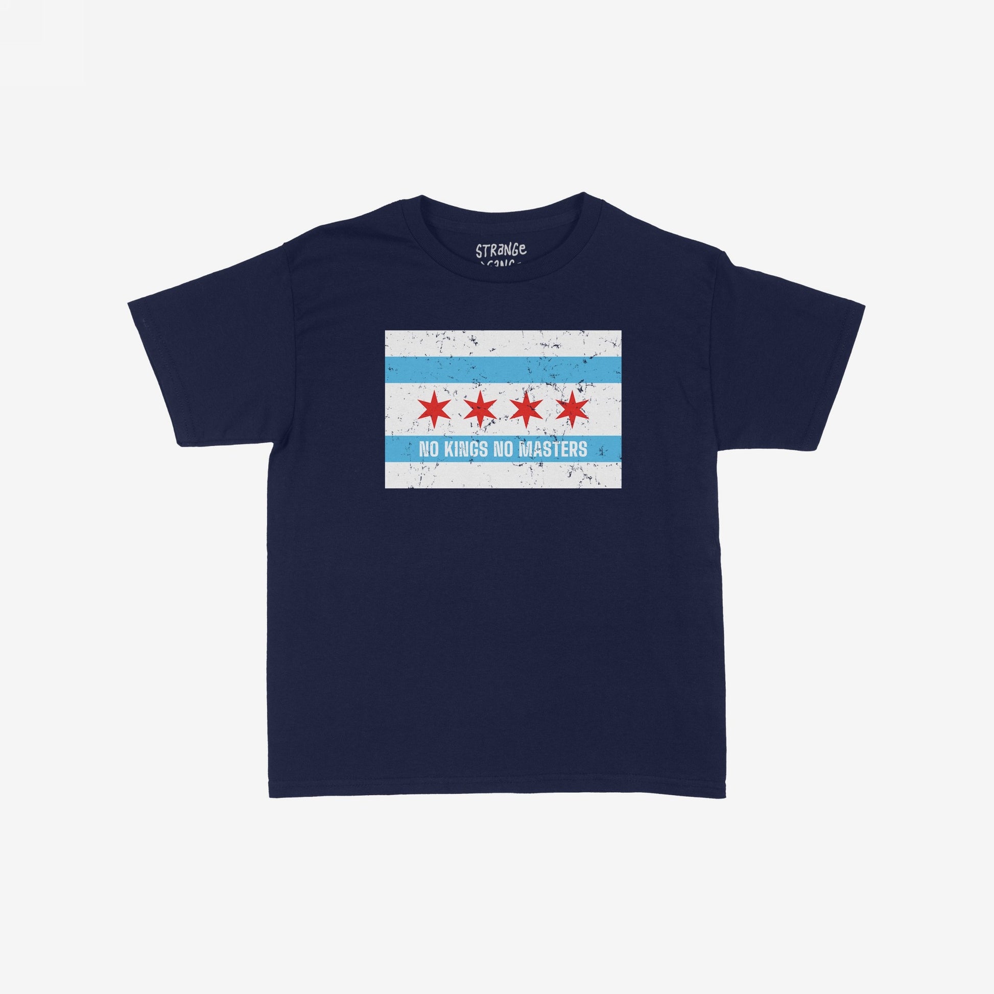 Chicago No Kings Flag T-shirt featuring a stylized Chicago-flag motif with NO KINGS NO MASTERS slogan, symbolizing rebellion and resistance, ideal for those who challenge authority and support equality.