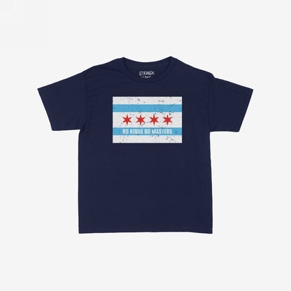 Chicago No Kings Flag T-shirt featuring a stylized Chicago-flag motif with NO KINGS NO MASTERS slogan, symbolizing rebellion and resistance, ideal for those who challenge authority and support equality.
