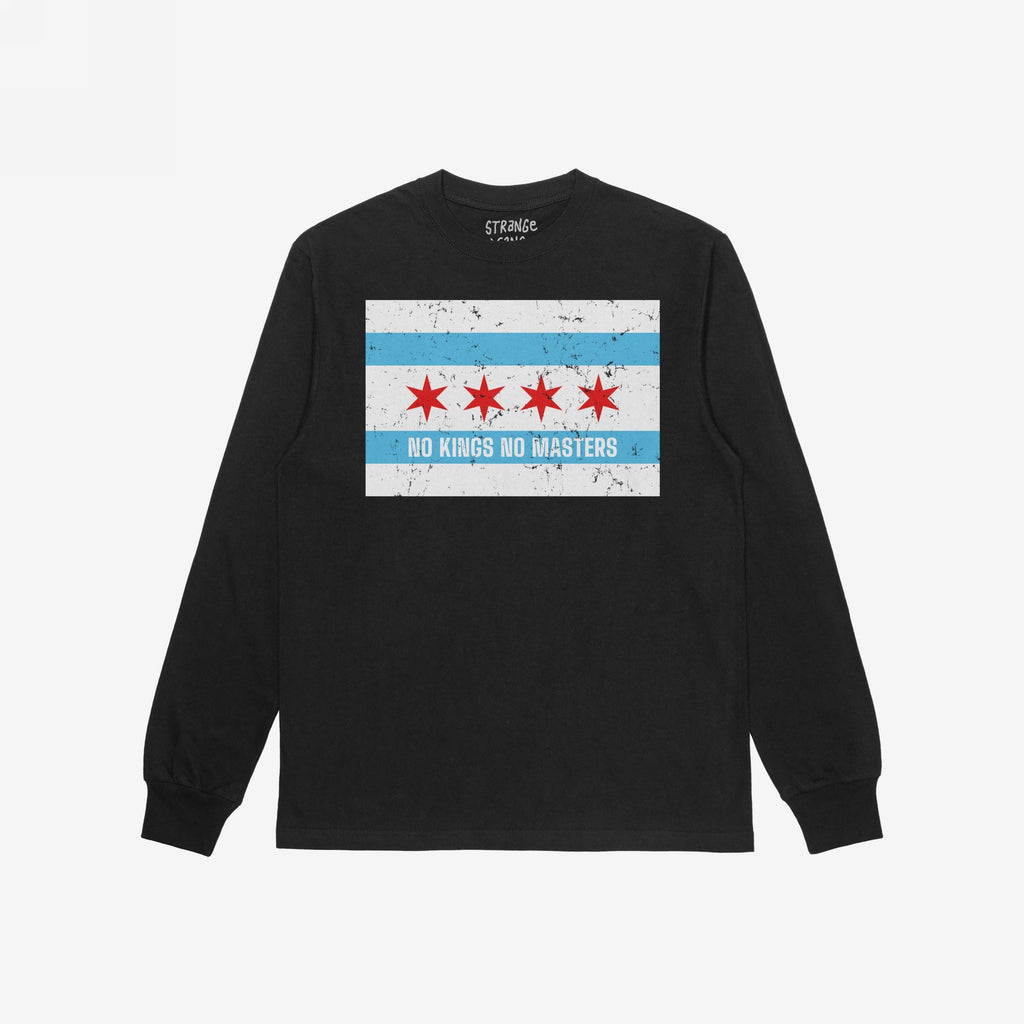 Chicago No Kings Flag Shirt: Black long-sleeve T-shirt featuring a distressed Chicago flag graphic and NO KINGS NO MASTERS slogan, symbolizing rebellion and equality. Supports Illinois Coalition for Immigrant & Refugee Rights.