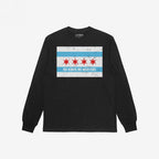Chicago No Kings Flag Shirt: Black long-sleeve T-shirt featuring a distressed Chicago flag graphic and NO KINGS NO MASTERS slogan, symbolizing rebellion and equality. Supports Illinois Coalition for Immigrant & Refugee Rights.