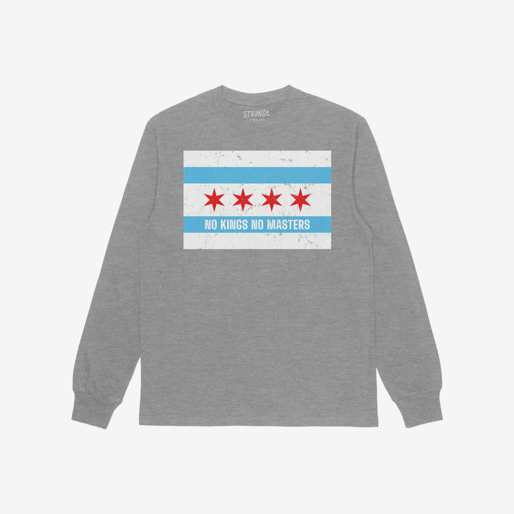 Chicago No Kings Flag Shirt featuring a Chicago city flag graphic with NO KINGS NO MASTERS slogan, symbolizing anti-authoritarian sentiment, laid flat with long sleeves.
