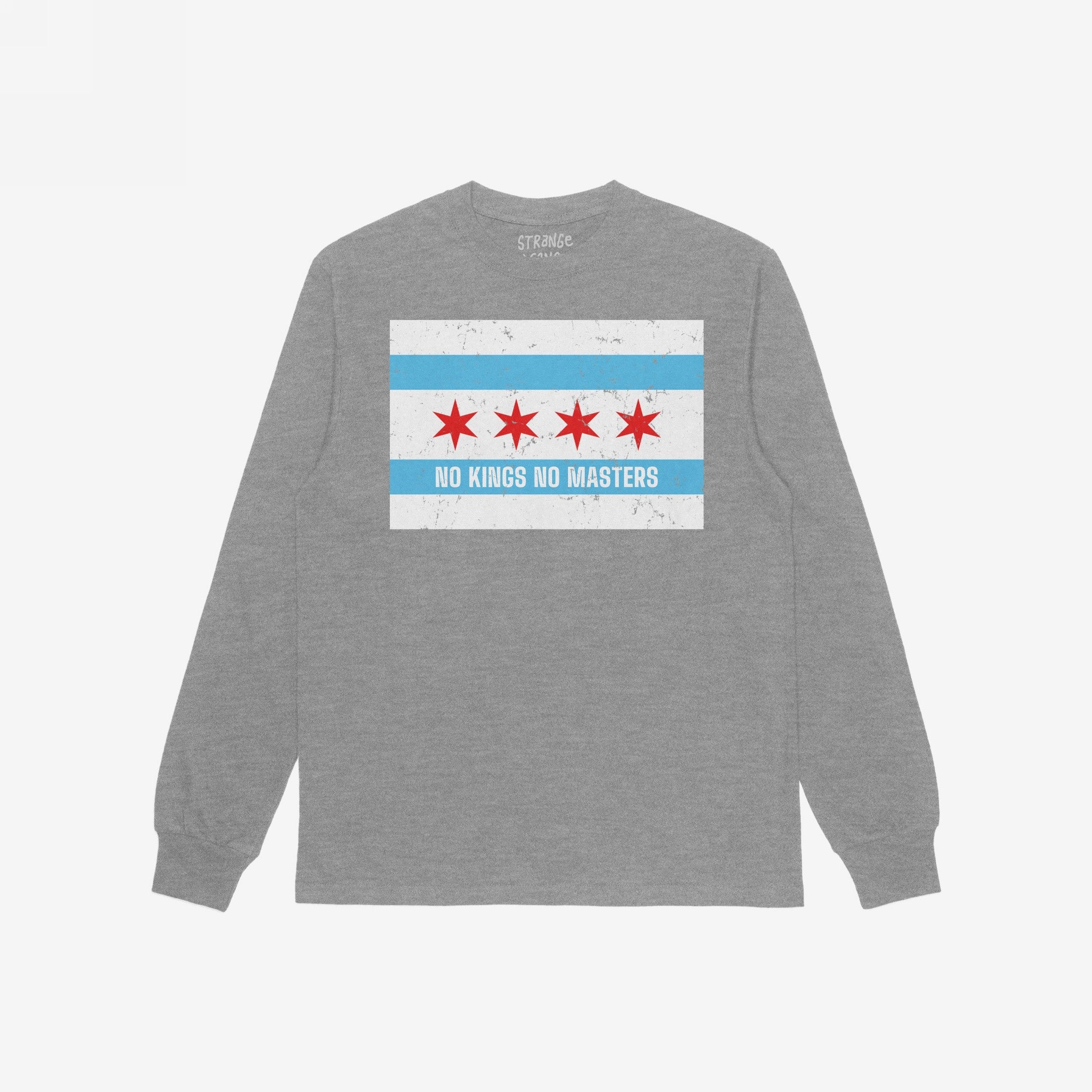 Chicago No Kings Flag Shirt featuring a Chicago city flag graphic with NO KINGS NO MASTERS slogan, symbolizing anti-authoritarian sentiment, laid flat with long sleeves.