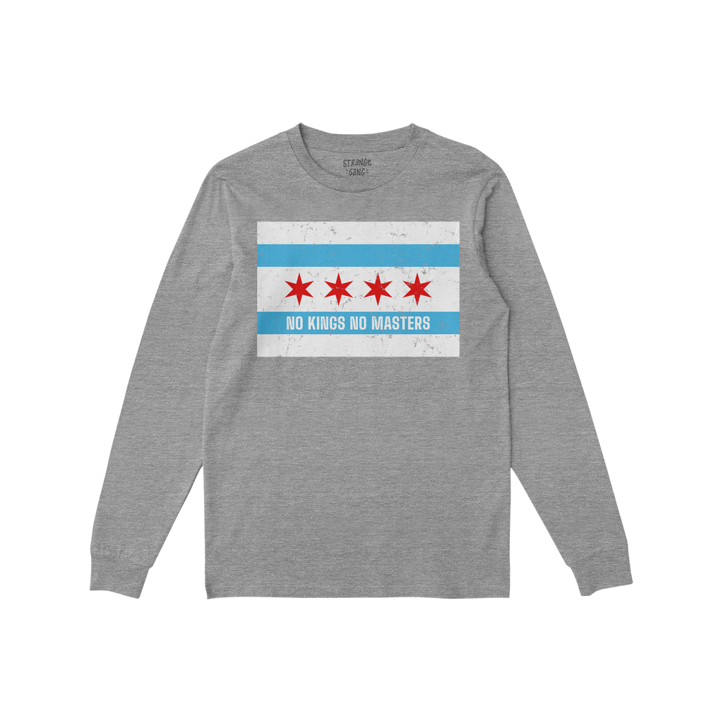 Chicago No Kings Flag Shirt featuring a Chicago city flag graphic with NO KINGS NO MASTERS slogan, symbolizing anti-authorita