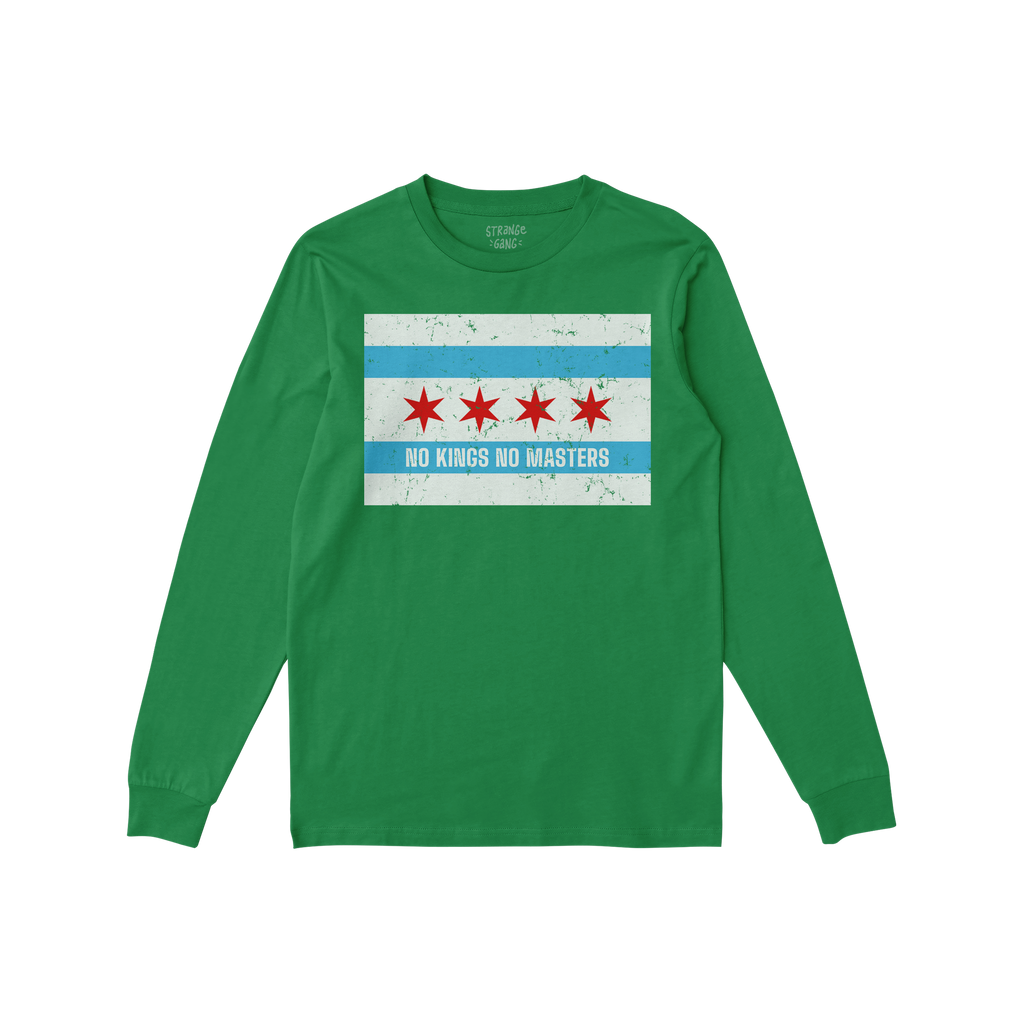Green long-sleeved Chicago No Kings Flag Shirt featuring a Chicago-flag-inspired design with stars and stripes, and a defiant