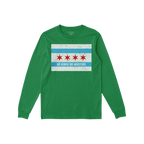 Green long-sleeved Chicago No Kings Flag Shirt featuring a Chicago-flag-inspired design with stars and stripes, and a defiant