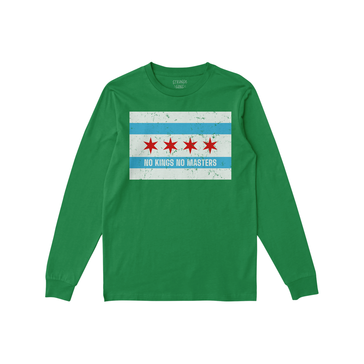 Green long-sleeved Chicago No Kings Flag Shirt featuring a Chicago-flag-inspired design with stars and stripes, and a defiant