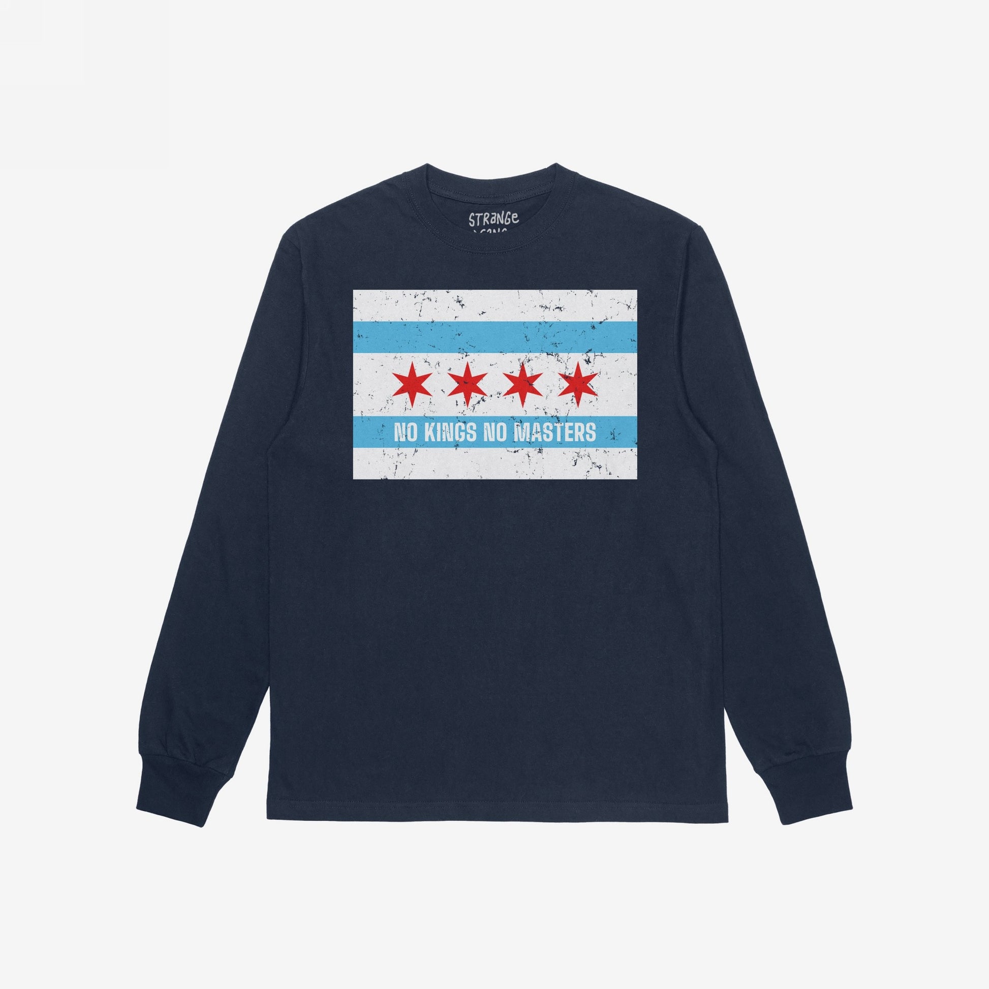 Chicago No Kings Flag T-shirt featuring a distressed Chicago flag graphic with NO KINGS NO MASTERS slogan. A statement piece against authority for those embracing rebellion and local pride.