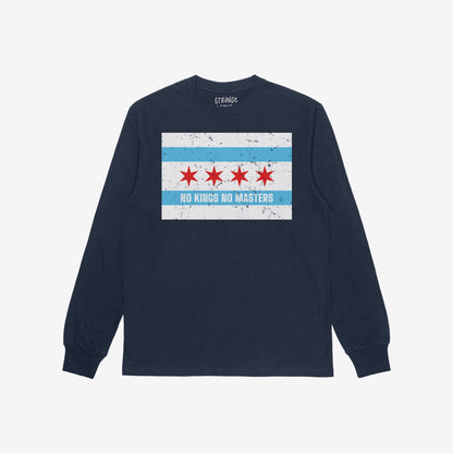 Chicago No Kings Flag T-shirt featuring a distressed Chicago flag graphic with NO KINGS NO MASTERS slogan. A statement piece against authority for those embracing rebellion and local pride.