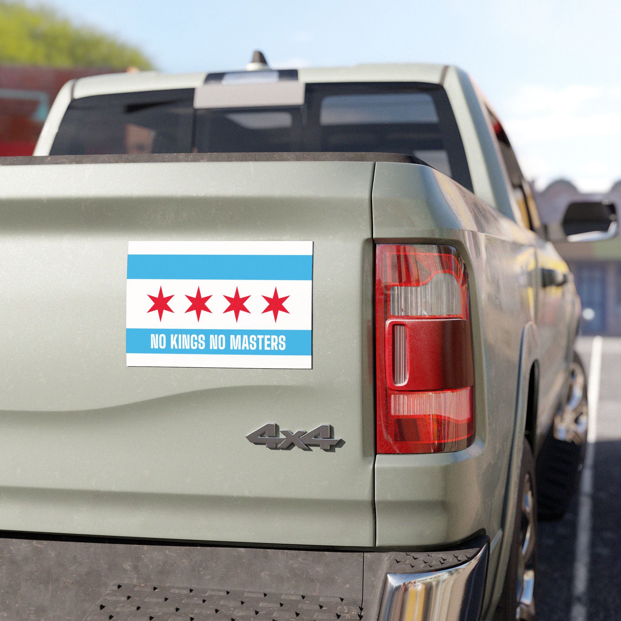 Chicago Flag No Kings Sticker & Magnet on a light-gray 4x4 truck tailgate, featuring four red stars and NO KINGS NO MASTERS slogan, symbolizing Chicago pride and advocacy against oppression.