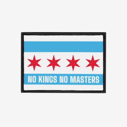 Chicago Flag No Kings Patch features a reimagined city flag with four stars and the slogan NO KINGS NO MASTERS, capturing an anti-authoritarian spirit. Perfect for expressing rebellious individuality.