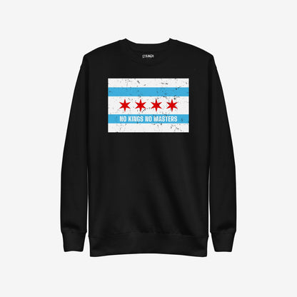 Chicago No Kings Flag Hoodie & Sweatshirt with distressed flag graphic and NO KINGS NO MASTERS slogan, embodying anti-authoritarian spirit and Chicago pride. Visible small brand label at neckline.