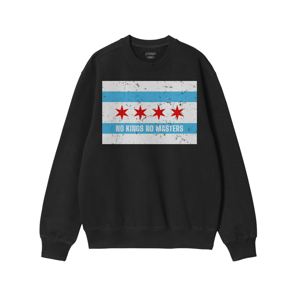 Chicago No Kings Flag Shirt featuring a distressed Chicago flag graphic with NO KINGS NO MASTERS text, symbolizing rebellion 