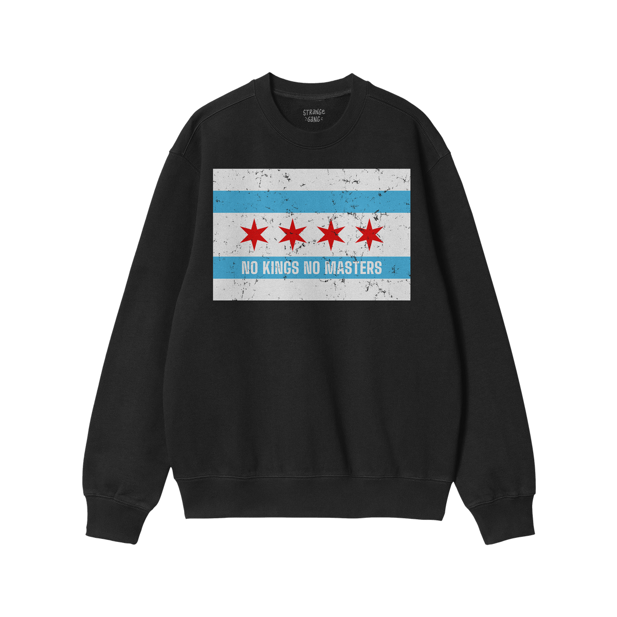 Chicago No Kings Flag Shirt featuring a distressed Chicago flag graphic with NO KINGS NO MASTERS text, symbolizing rebellion 