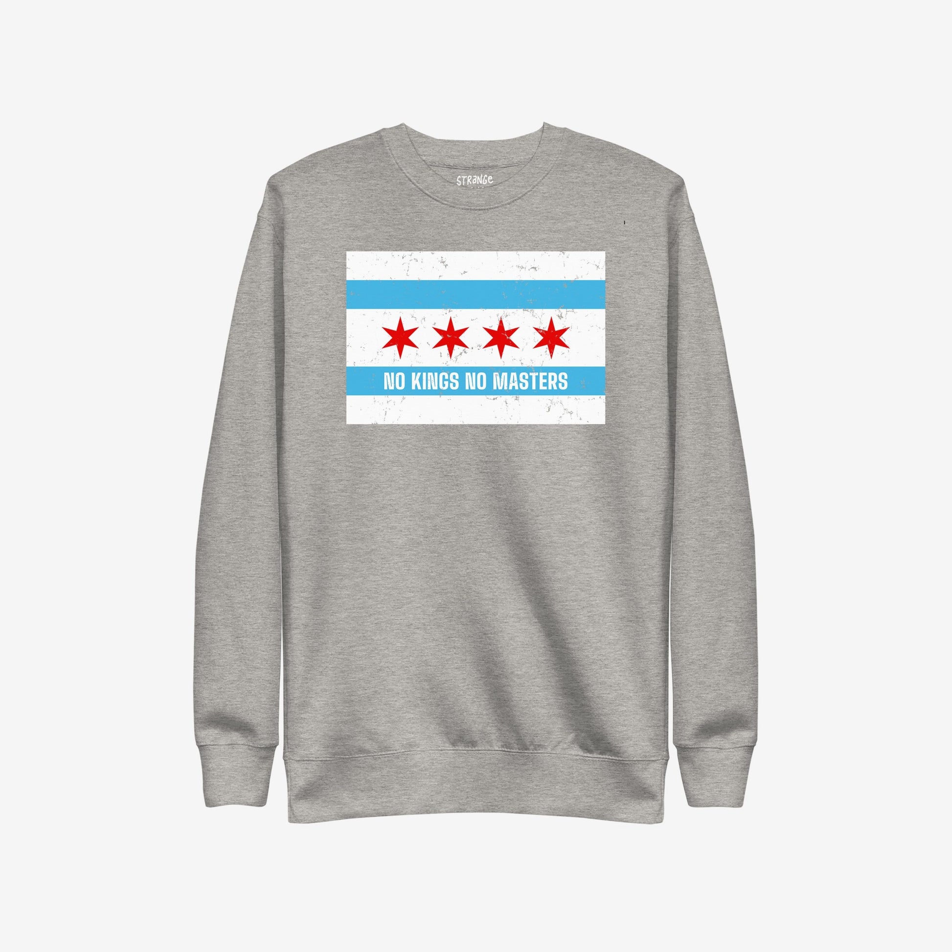 Chicago No Kings Flag Hoodie & Sweatshirt showcasing a Chicago-style flag with NO KINGS NO MASTERS beneath, embodying anti-authoritarian Chicago pride and community empowerment. Ideal for justice-focused individuals.