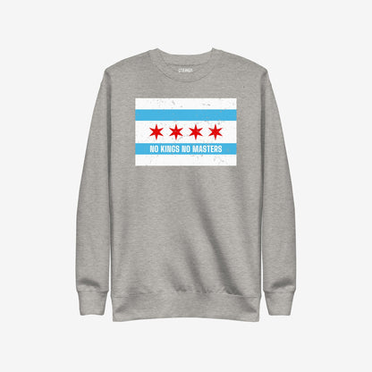 Chicago No Kings Flag Hoodie & Sweatshirt showcasing a Chicago-style flag with NO KINGS NO MASTERS beneath, embodying anti-authoritarian Chicago pride and community empowerment. Ideal for justice-focused individuals.