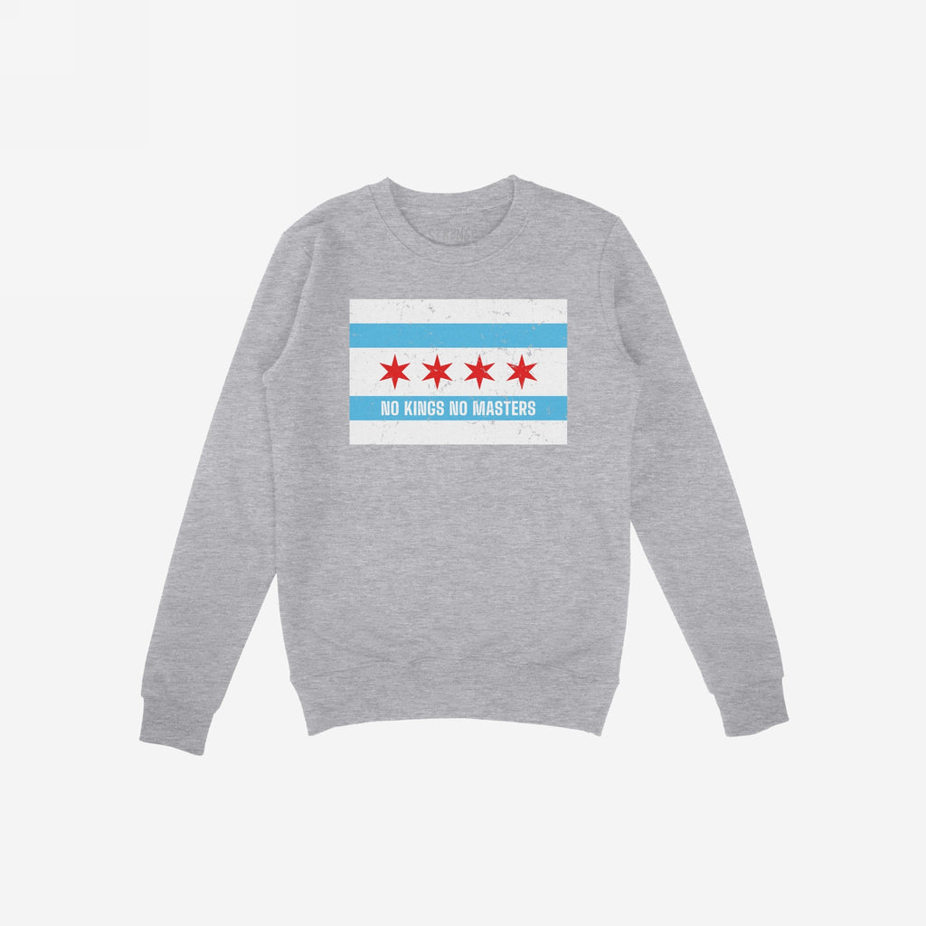 Light-gray crewneck sweatshirt with Chicago No Kings Flag Shirt design, featuring Chicago's flag and NO KINGS NO MASTERS slogan, symbolizing anti-authoritarianism and support for freedom and equality.