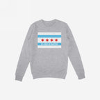 Light-gray crewneck sweatshirt with Chicago No Kings Flag Shirt design, featuring Chicago's flag and NO KINGS NO MASTERS slogan, symbolizing anti-authoritarianism and support for freedom and equality.