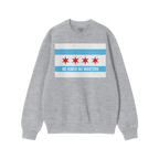 Light-gray crewneck sweatshirt with Chicago No Kings Flag Shirt design, featuring Chicago's flag and NO KINGS NO MASTERS slog