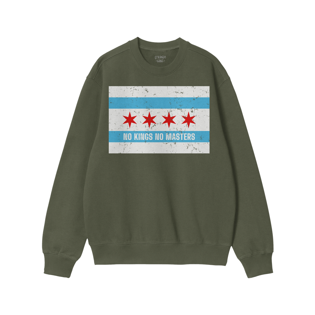 Chicago No Kings Flag Shirt: A green crewneck sweatshirt featuring a distressed Chicago flag graphic with “NO KINGS NO MAST