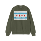 Chicago No Kings Flag Shirt: A green crewneck sweatshirt featuring a distressed Chicago flag graphic with “NO KINGS NO MAST
