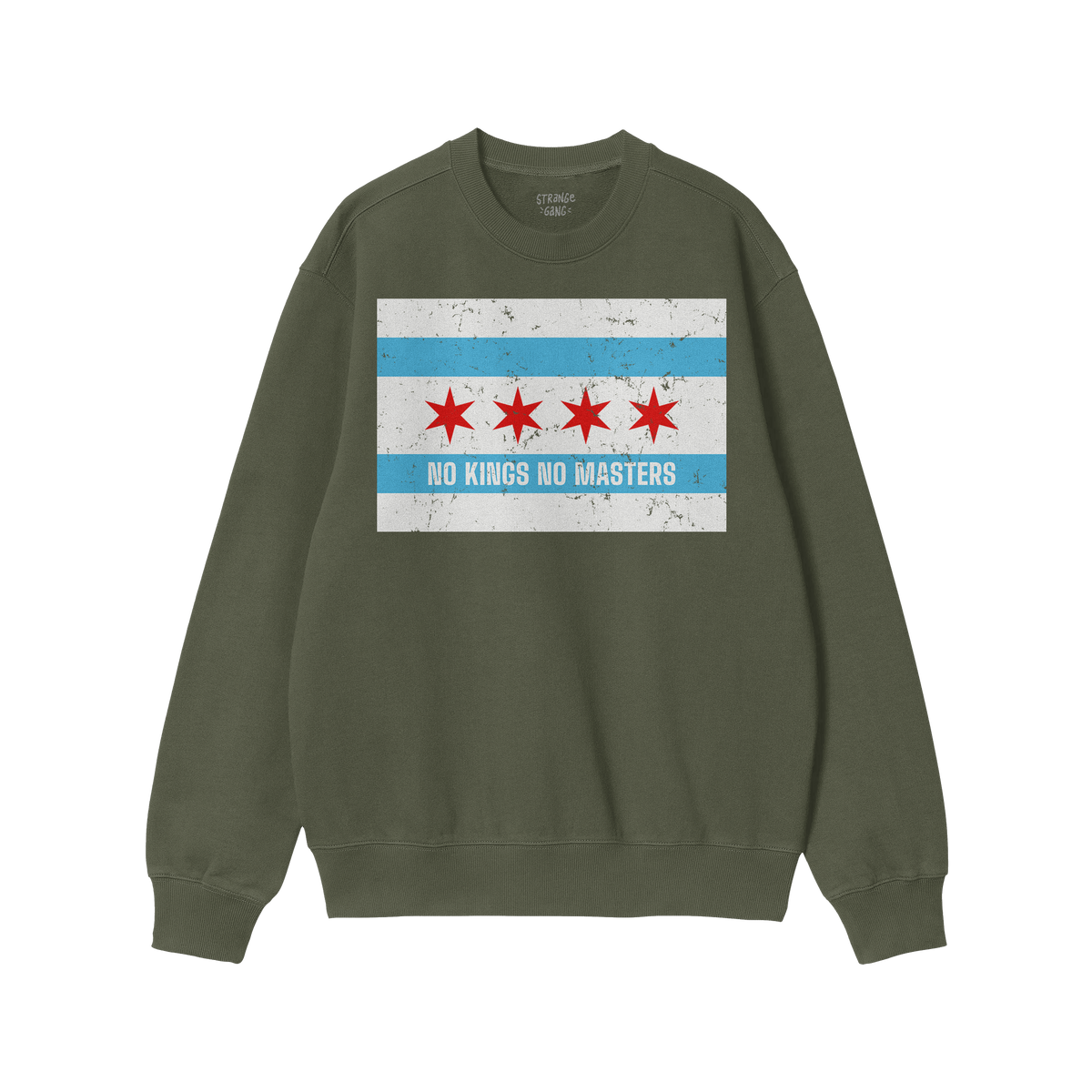 Chicago No Kings Flag Shirt: A green crewneck sweatshirt featuring a distressed Chicago flag graphic with “NO KINGS NO MAST
