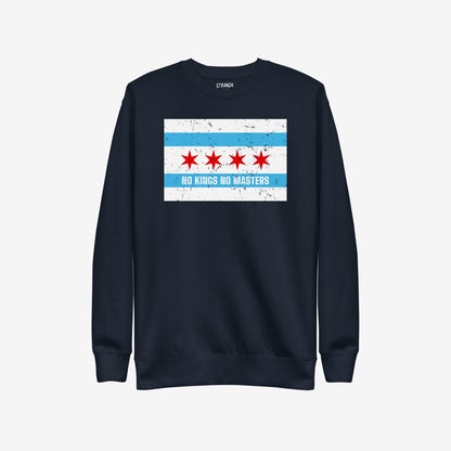Chicago No Kings Flag Hoodie & Sweatshirt featuring a distressed Chicago flag design with NO KINGS NO MASTERS message, embodying anti-authoritarian sentiment, ideal for those championing equality and justice.