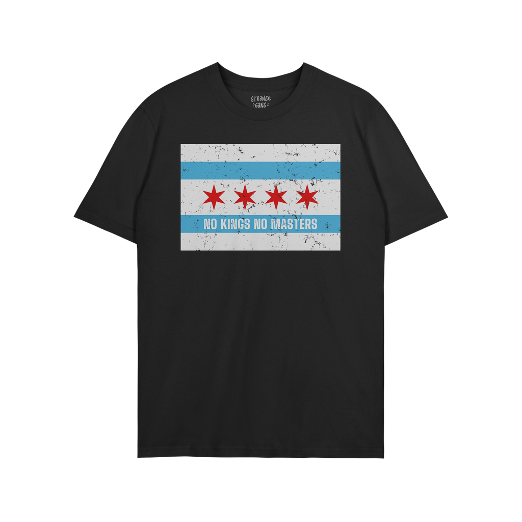 Chicago No Kings Flag Shirt features a distressed Chicago flag with two sky-blue stripes, four red stars, and the slogan “N