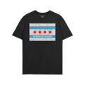 Chicago No Kings Flag Shirt features a distressed Chicago flag with two sky-blue stripes, four red stars, and the slogan “N