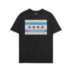 Chicago No Kings Flag Shirt features a distressed Chicago flag with two sky-blue stripes, four red stars, and the slogan “N