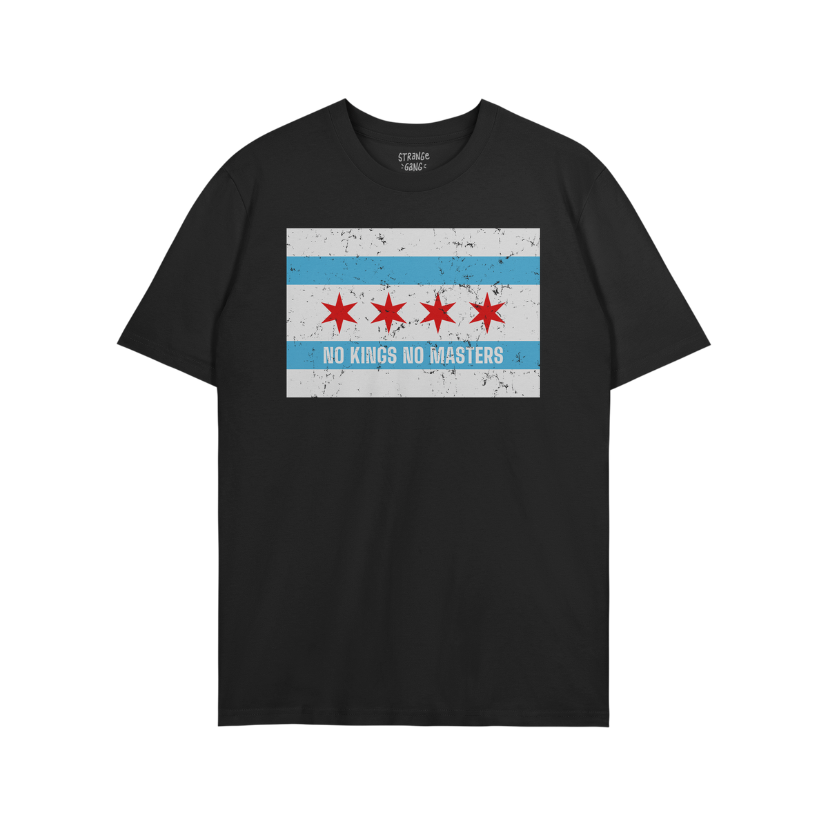 Chicago No Kings Flag Shirt features a distressed Chicago flag with two sky-blue stripes, four red stars, and the slogan “N